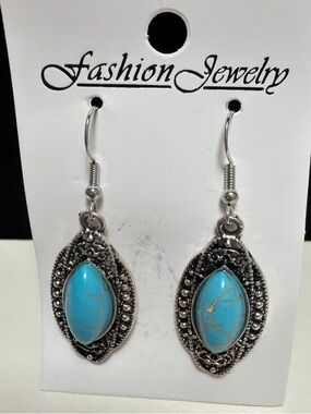 Fashion Jewelry Turquoise and Silver-Tone Dangle Earrings